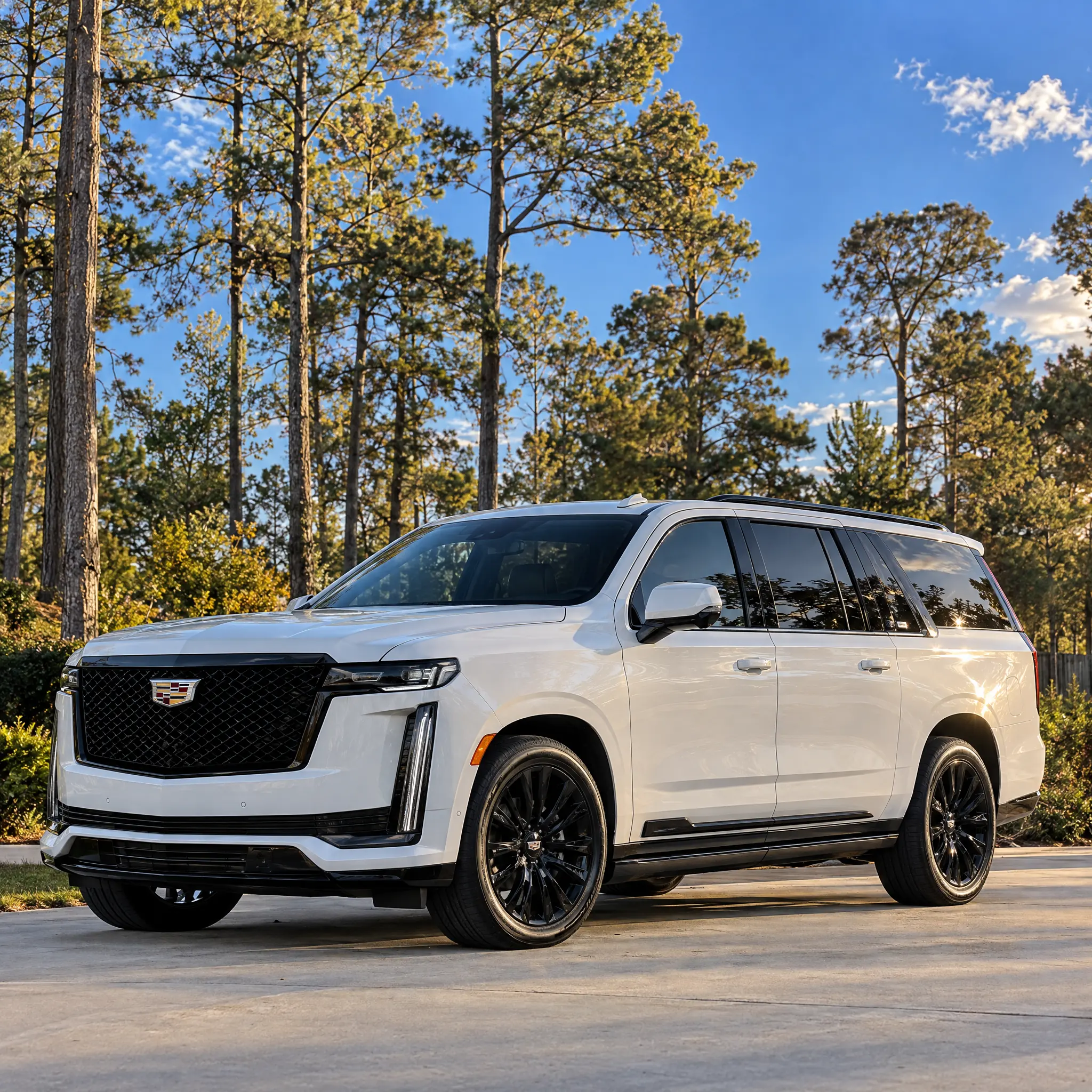 A white Cadillac Escalade with deep, glossy tinted windows on a sunlit drive among the Alabama pines